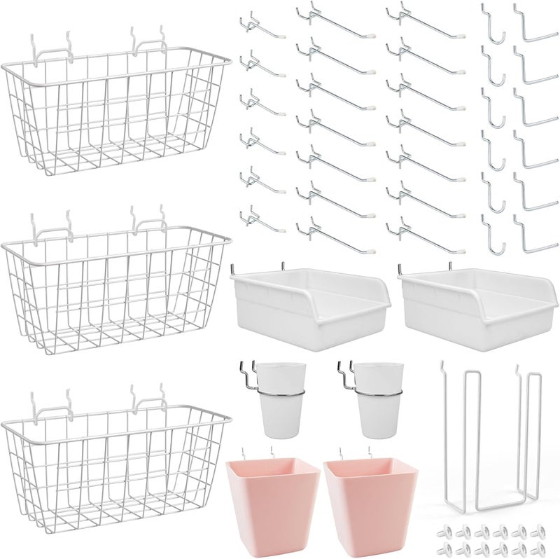 G.CORE Pegboard Basket Organizers, Peg Board Large Baskets Hooks Bins Cups Tool Organizer 42 Pack Set, Wall Storage Display Hanging Accessories for Craft Office Stadio Shed Garage Organization (White & Pink) - Image 1